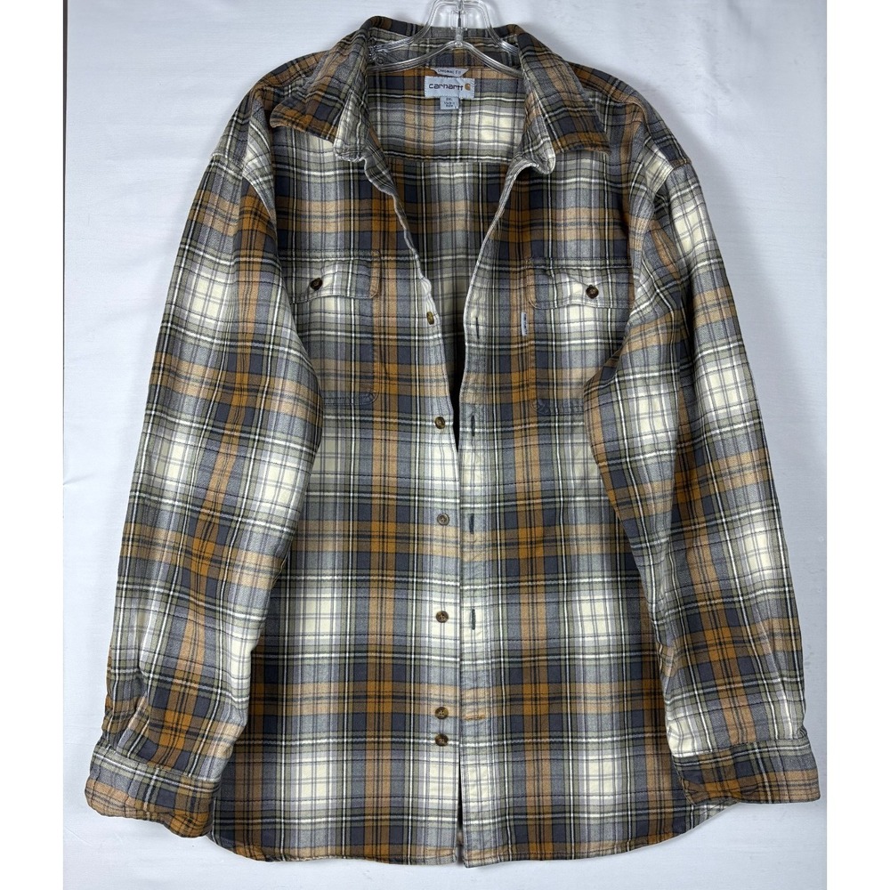 Carhartt men Original Fit camel/grey plaid button down shirt outdoors garage 2xl